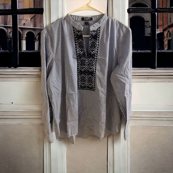 Chaps Button Up Top Womans Large Striped Blue White V neck Embroidered - Picture 1 of 5